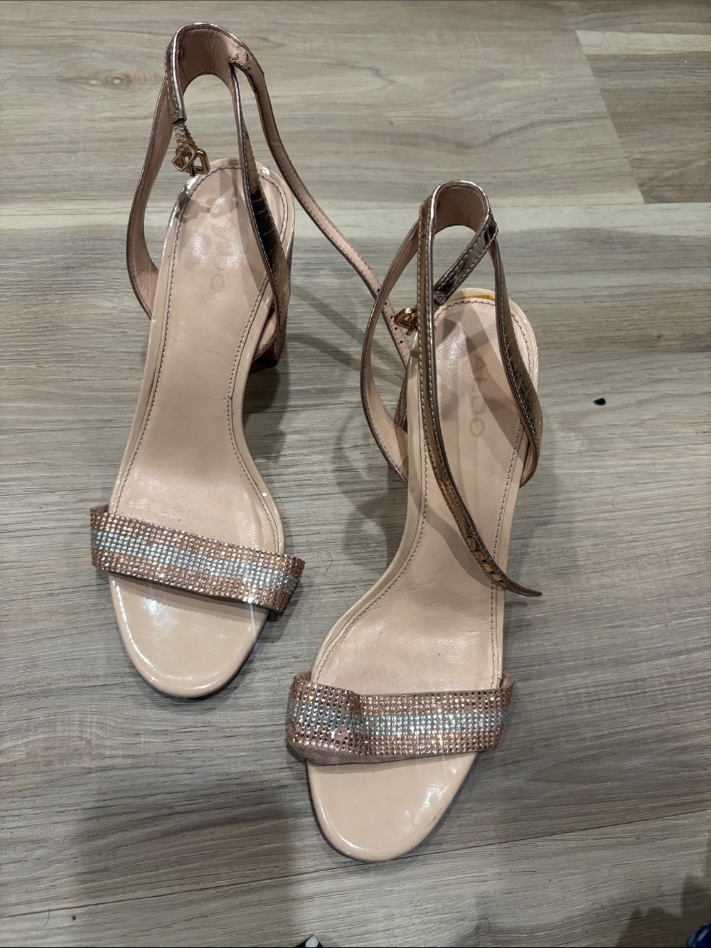 Aldo Rose Gold Rhinestone Strap Block Heel Sandals